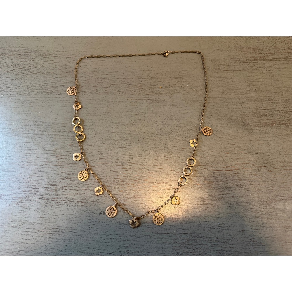 Antiqued Gold Tone Charm Necklace Bohemian Medallion Quatrefoil Dangle 17.5in